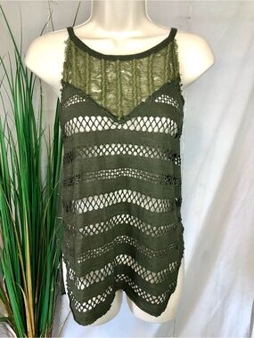 WE THE FREE Free People Olive Green Net Distressed Top Sz XS (Runs Big)